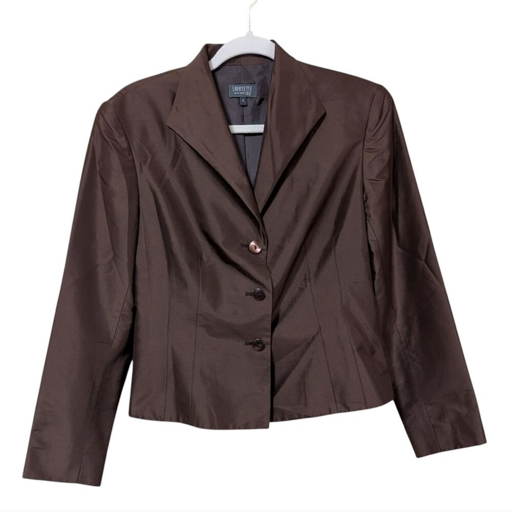 Lafayette NY 148 100% silk blazer size 6 brown lined 3 button closure